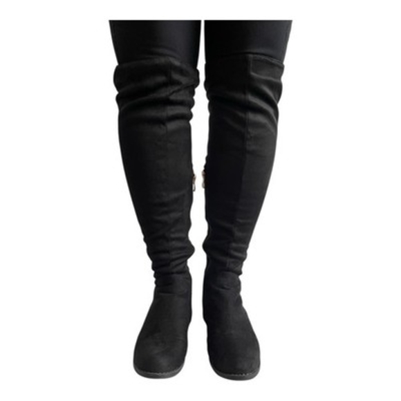 Unbranded Shoes - Women’s Black Over The Knee Boots Faux Suede Thigh High Low Heel Shoes Size 6